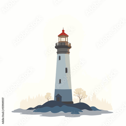 Solitary lighthouse standing amidst misty landscape, tranquil solitude