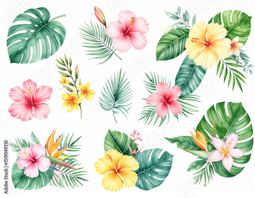 Tropical Watercolor Set of Flowers and Leaves – Exotic Botanical Illustration Collection