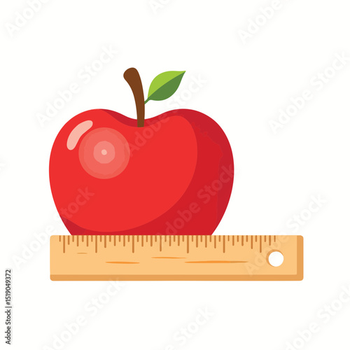 Shiny red apple beside wooden ruler on white background, education symbol