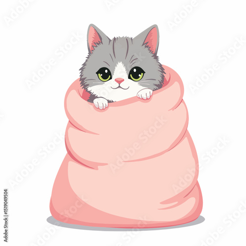 Fluffy gray cat nestled in pastel blanket, cozy comfort