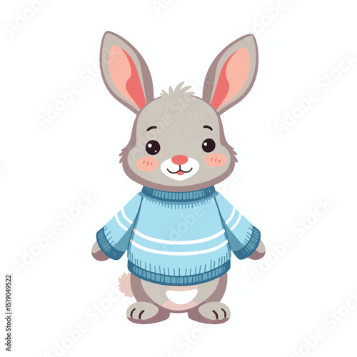 Cute fluffy rabbit wearing a cozy blue sweater, simplicity and charm