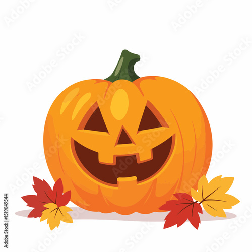 Cheerful carved pumpkin with autumn leaves on white background, Halloween