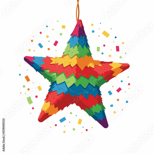 Colorful piñata hanging with confetti, festive celebration