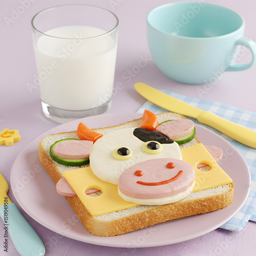 A Childs Delight Creative CowShaped Sandwich and Milk for a Fun Mealtime photo