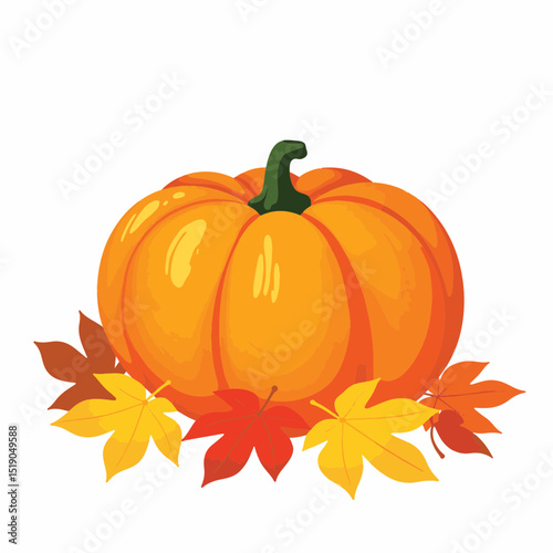 Vibrant pumpkin resting on colorful autumn leaves, seasonal harvest