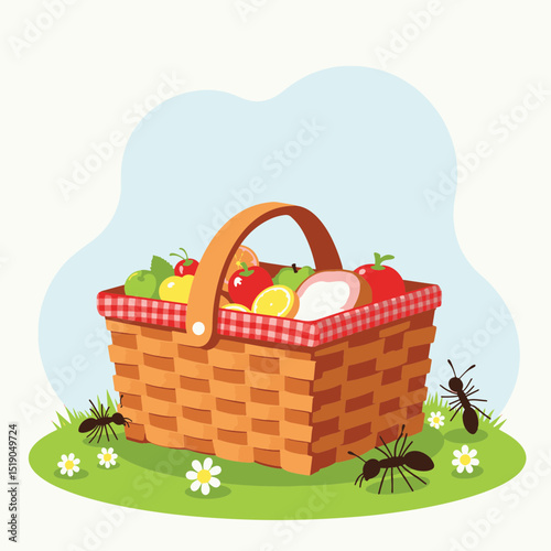 Colorful picnic basket with fruits on green grass, summer joy