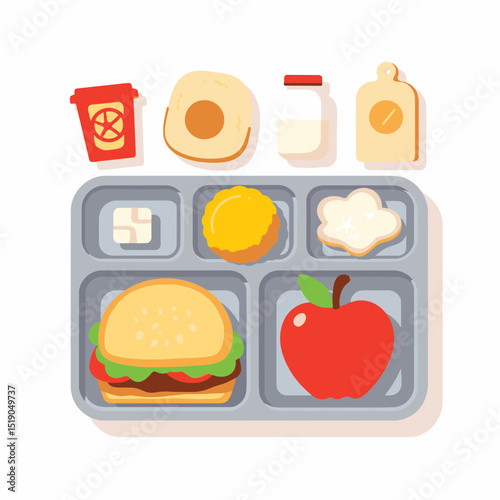 Colorful school lunch tray with food items, cafeteria delight
