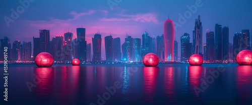 Illuminated spheres reflecting in calm waters, before a modern cityscape at twilight