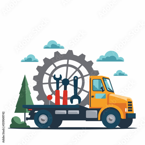 Stylized parade float showcasing industry tools in a peaceful setting