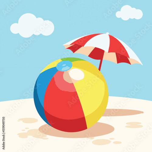 Vibrant beach ball on sandy beach under blue sky, summer fun