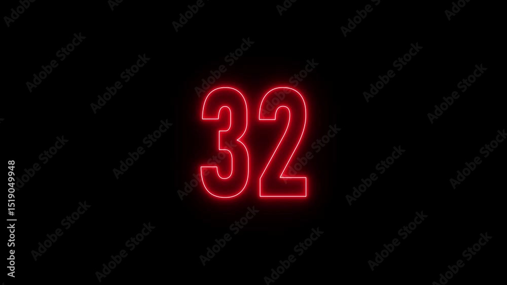 Neon 32 Number. Glowing number 32 countdown on black background. seamless loop animation. Neon 32 Number. Glowing number 32 countdown on black background. seamless loop animation.