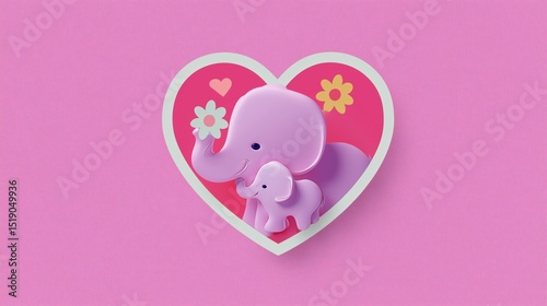 Cute pink elephants inside a heart graphic celebrating love and joy in a playful design for children