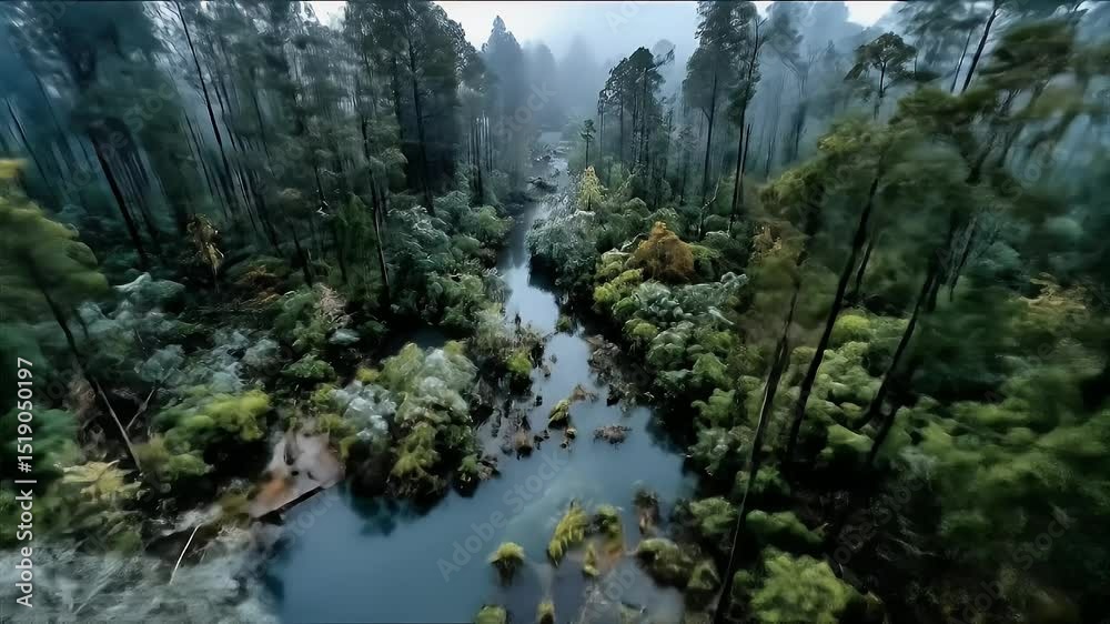 Aerial view serene river flowing lush forest sunlight canopy