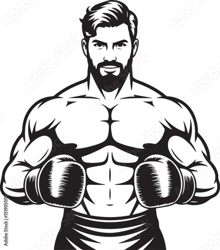 Powerful Boxer Muscular Man in Boxing Gloves, Vintage Illustration