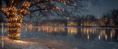 Illuminated tree by frozen lake at night. Twinkling lights adorn the branches and trunk, reflecting in the still, icy water. Soft snowfall blankets the ground.  A tranquil winter scene