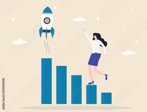 Business growth powerful boost in investment, propelling innovation and driving success. a businessman riding soaring growth chart as a rocket launches symbolizing progress, advancement, achievement.