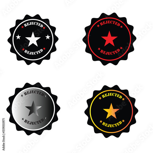 Rejected label badge icons with star design in multiple color variations on white background

