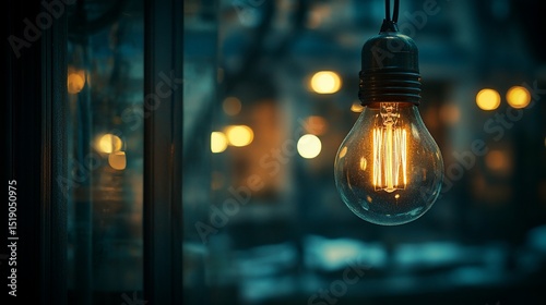 Illuminated vintage bulb hangs in a window, city lights blurred in the background. Warm glow contrasts with cool night