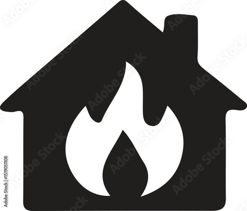 A black and white silhouette of a house on fire icon