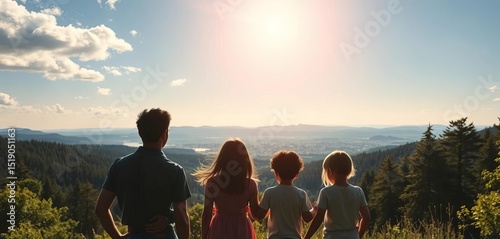 Silhouetted family of four enjoys a sunny day in a scenic location with forest and city views,  day trip,  healthy