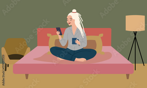Young blonde woman checking the news upon waking up while drinking coffee in bed