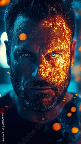 Intense close-up portrait of a man, half his face ablaze with fiery textures, contrasting with a cool-toned, shadowed side.  Strong gaze