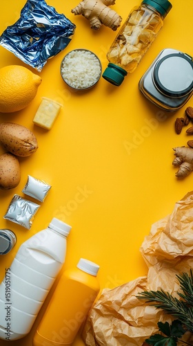 Ingredients arranged on yellow backdrop, forming a frame with empty center