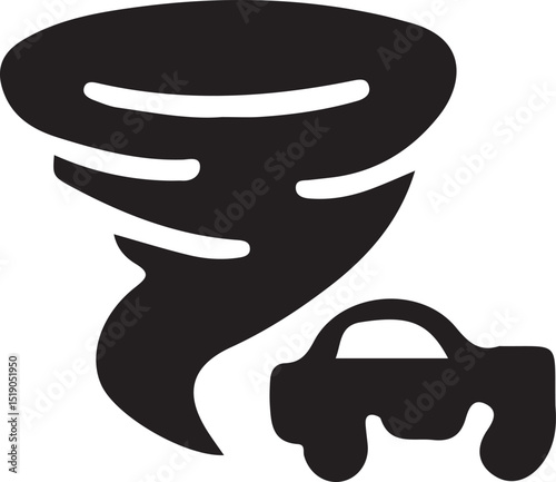A tornado near a car in a simple black and white icon