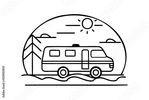 Camper van road trip sunny dayline art illustration