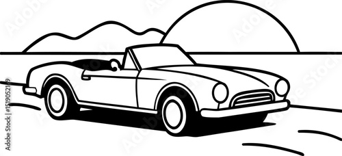 Classic convertible car driving scenic coastal road sunset