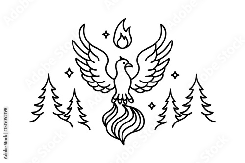Majestic phoenix rising from flames in a pine forest