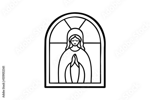 Virgin mary praying in an arch window simple line art