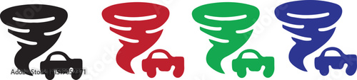Tornadoes and cars in black red green and blue colors