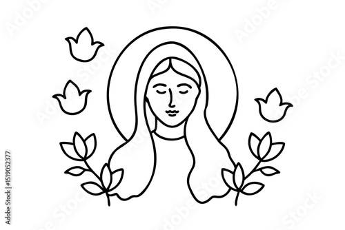 Serene woman with flowers line art illustration peaceful meditation