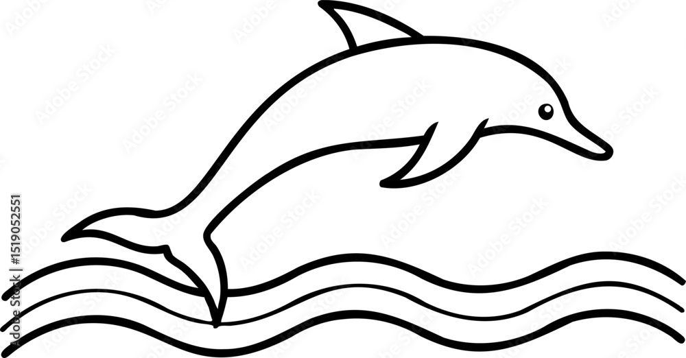 Fototapeta premium Cartoon dolphin leaping over ocean waves simple line art