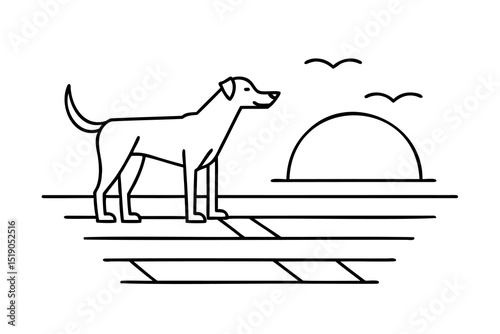 Dog watching sunset at the beach minimalist line art
