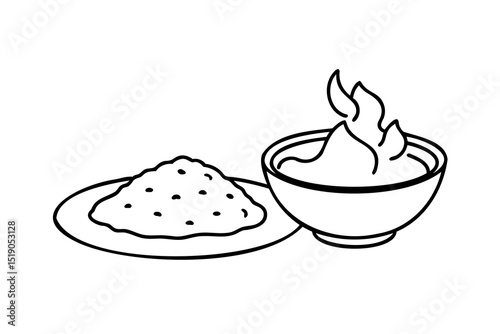 Spicy indian food rice and dal dish bowl line art