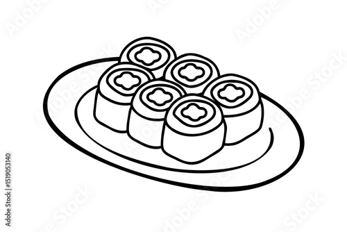 Delicious sushi rolls on a plate line art illustration