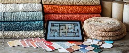 Interior design project with floor plan, fabric swatches, and carpet samples