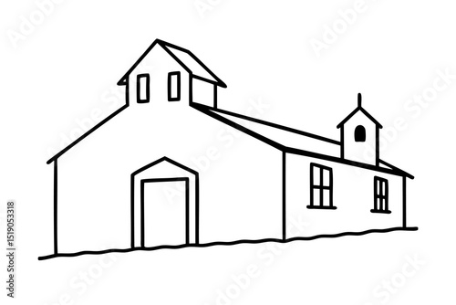 Simple line drawing of a farmhouse barn rural building