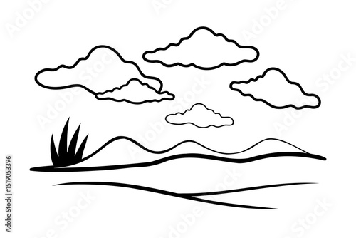 Simple black and white landscape drawing clouds hills grass