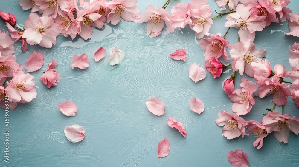 Obraz premium Delicate pink blossoms and petals scattered on a light blue background.