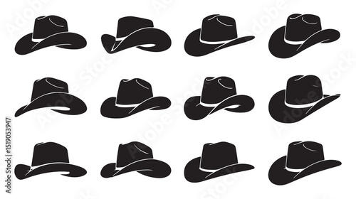 A set of twelve silhouette images of cowboy hats in various angles vector art on white