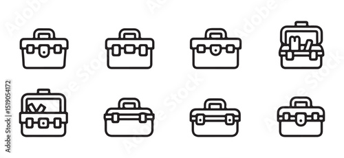 A set of Simple, black and white line art illustrations of different toolboxes. vector art on white
