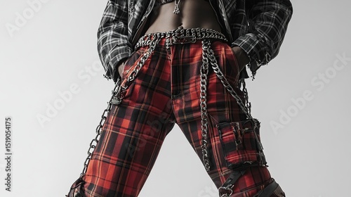 Low-angle view of person wearing red and black plaid pants,  with multiple metal chains and belts