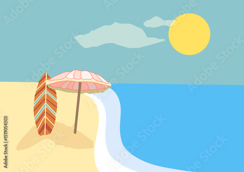 Illustration of a beach scene with a surfboard and umbrella under the sun