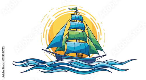 Cartoon sailing ship with blue and green sails on stylized waves