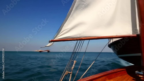 Traditional dhow sailing on calm blue waters, following another dhow
