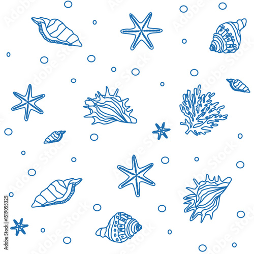 Doodle art illustration of seashells on the ocean floor in a clean
