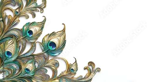 Wallpaper Mural Ornate peacock feather corner design, gold and teal, on white background Torontodigital.ca